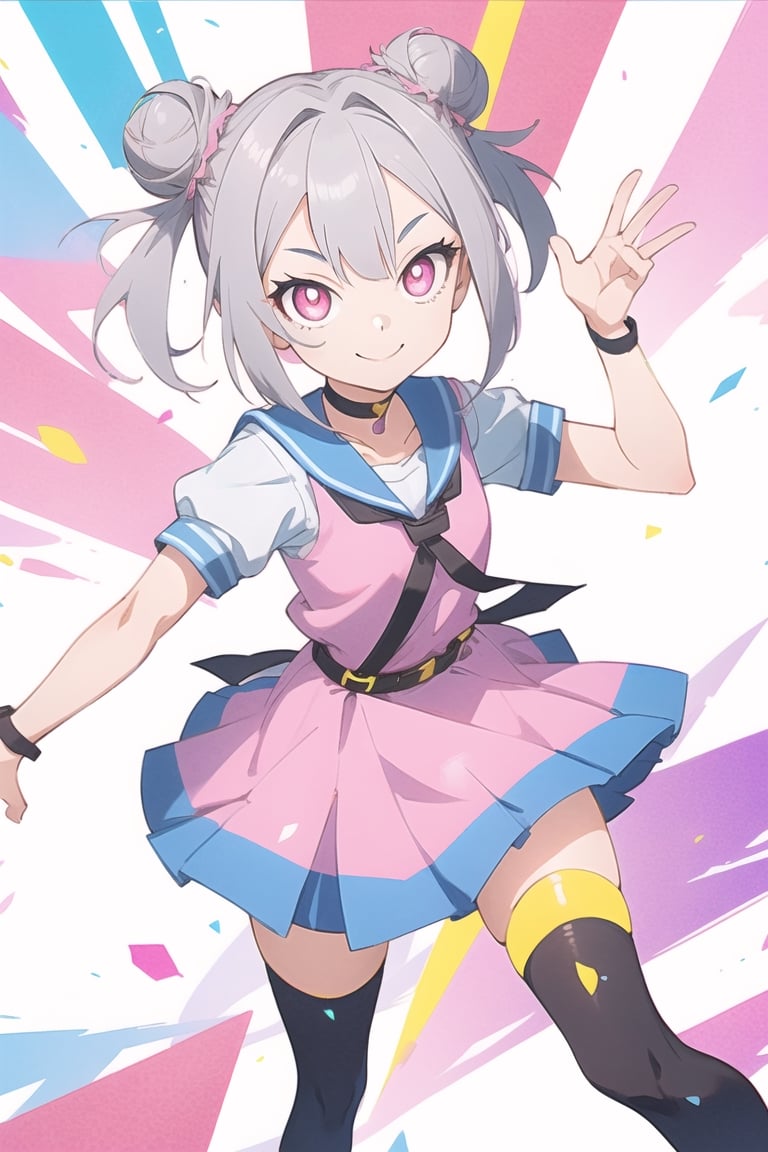 1girl, double bun short brown hair, looking at the viewer, gray hair, pink eyes, short sleeve, dynamic pose, smile, schoolgirl, alone, very aesthetic, absurd, txznf, Colors, KunoTsubakiv1, ASU1, Vivid colors, leg harness, choker,
<3 shaped pupil,Vivid Colors,Beautiful