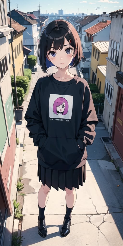 (the image must be PNG), girl, (dinamic pose),  bob style hair, (from above), standing
medium skirt, large black sweatshirt, 

frankie_wai,MAWSLoisLane