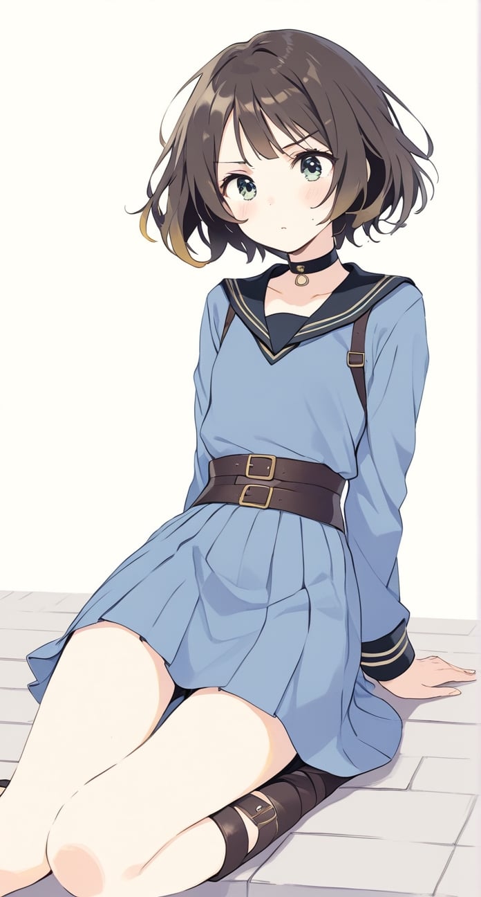 Megumin, posing with a dramatic expression, pouting, pastel colors, short-hair, mini_skirt, brown_hair, school_girl, leg harness, choker,, colors_black_and_blue,Frieren