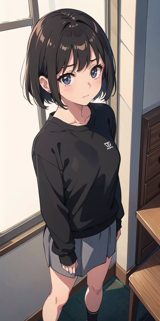 (the image must be PNG), girl, adorable face, tender expression, (dinamic pose),  bob style hair, (from above), standing
medium skirt, large black sweatshirt, very long sleeves

frankie_wai,MAWSLoisLane