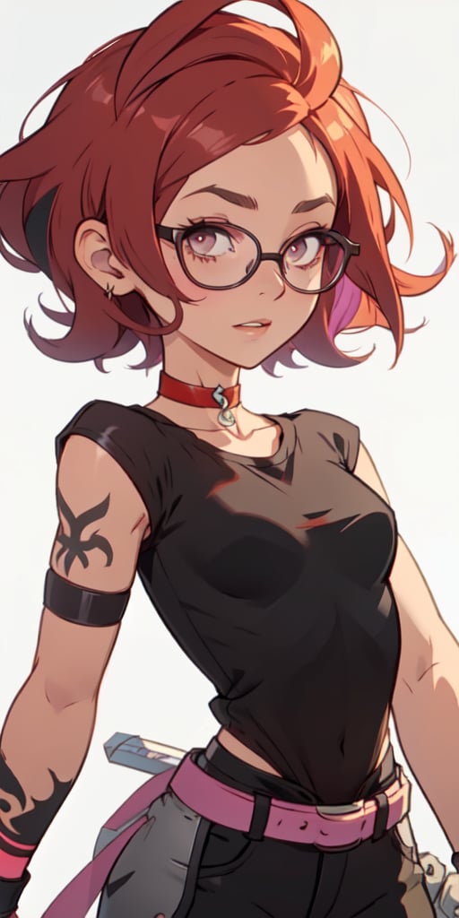 (large sweatshirt),  round black glasses, (dynamic pose), black background, teenager, female_solo, upper body,looking at viewer, small breasts, white background, bob cut, short hair, multicolored hair, makeup, parted lips, red lips, eyeliner, walkure /(takt op./), choker, harnesses, warrior tattoos, ,BiBa,EnvyBeautyMix23,In the style of gravityfalls