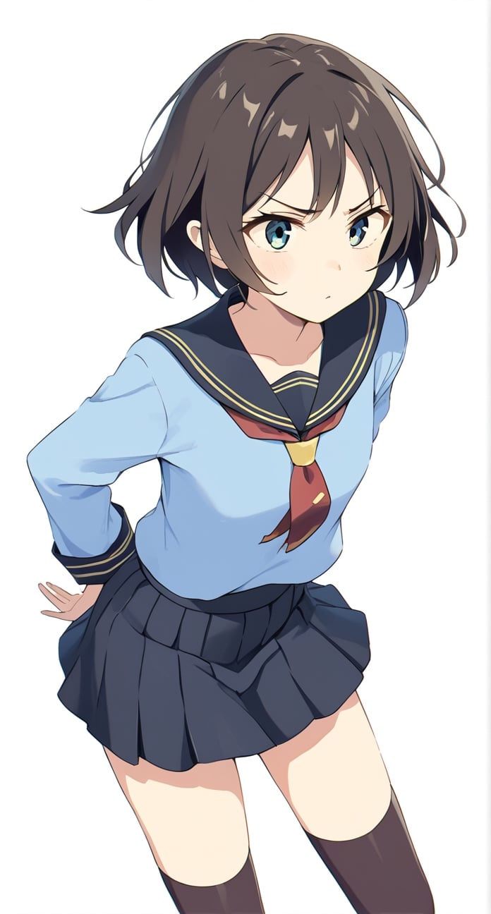 Megumin, posing with a dramatic expression, pouting, pastel colors, short-hair, mini_skirt, brown_hair, school_girl, colors_black_and_blue,Frieren