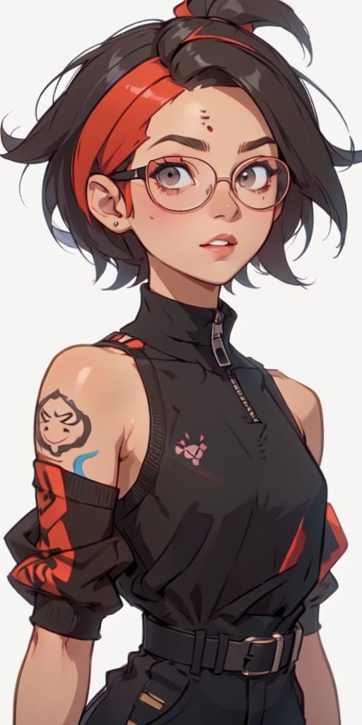 (large sweatshirt),  round black glasses, (dynamic pose), black background, teenager, female_solo, upper body,looking at viewer, small breasts, white background, bob cut, short hair, multicolored hair, makeup, parted lips, red lips, eyeliner, walkure /(takt op./), choker, harnesses, warrior tattoos, ,BiBa,EnvyBeautyMix23,In the style of gravityfalls