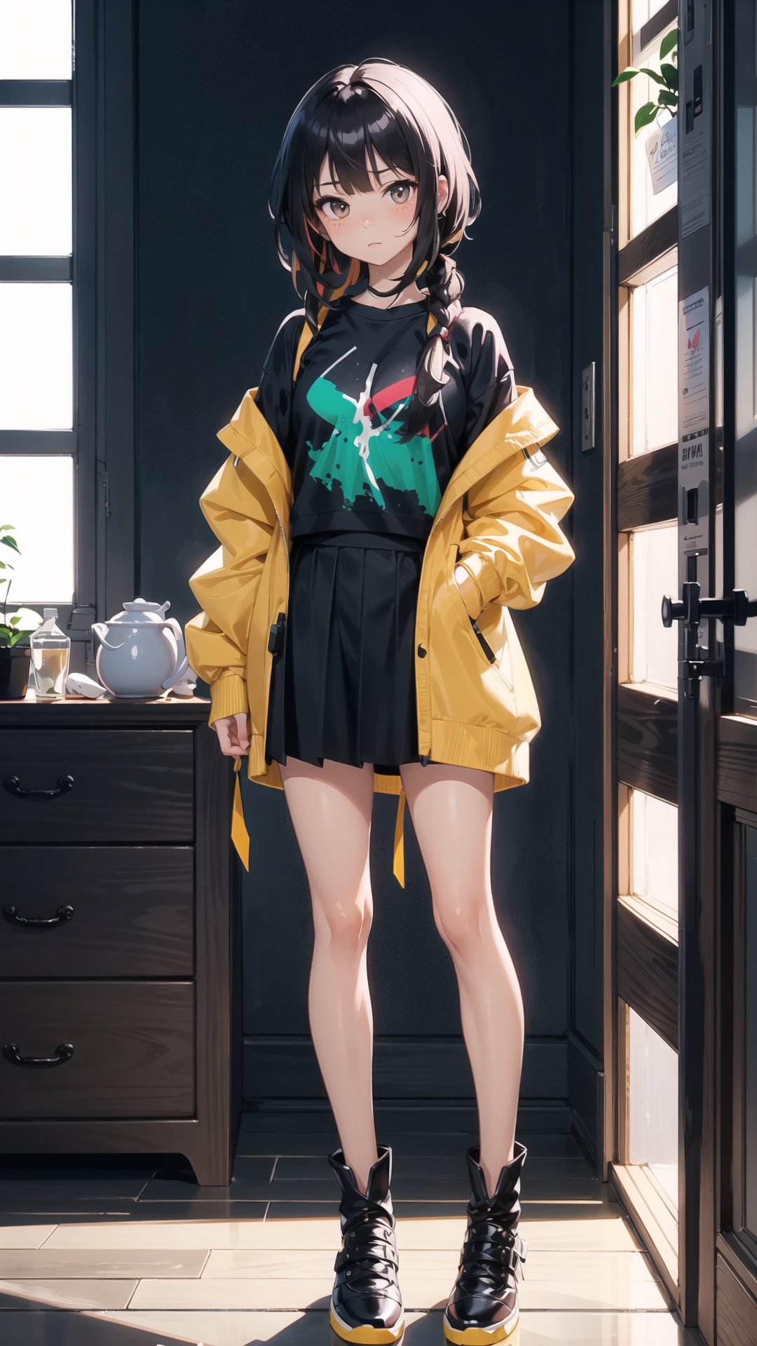 (dinamic pose), Megumin, full body, 
oversized sweatshirt, skirt,
Surround her with soft and ambient lighting to set a tranquil mood. and her stunning white, black, and multicolored hair in highly detailed Make use of vibrant colors to bring this masterpiece to life, with exceptional artistry and a touch of elegance. (freckles:0.8)