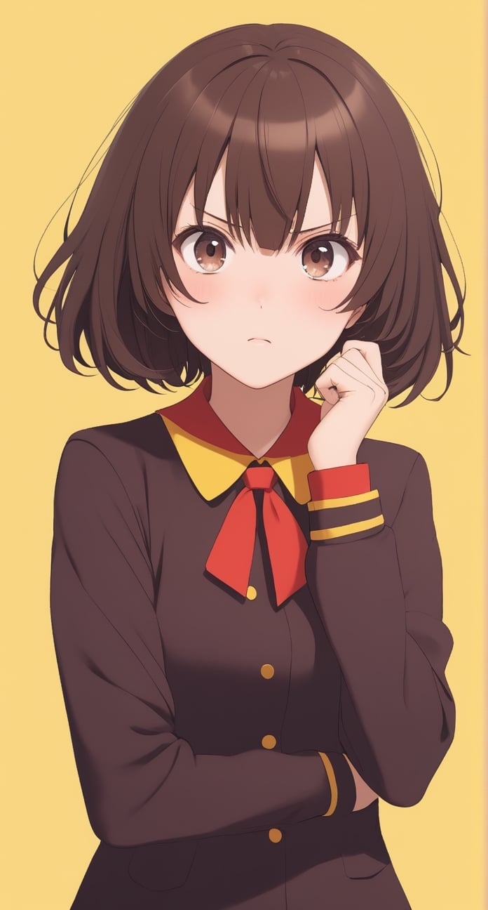 Megumin, posing with a dramatic expression, pastel colors, short-hair, brown_hair, school_girl,