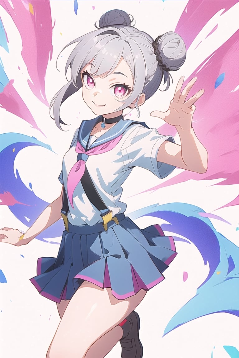 1girl, double bun short brown hair, looking at the viewer, gray hair, pink eyes, short sleeve, dynamic pose, smile, schoolgirl, alone, very aesthetic, absurd, txznf, Colors, KunoTsubakiv1, ASU1, Vivid colors, leg harness, choker,
<3 shaped pupil,Vivid Colors,Beautiful