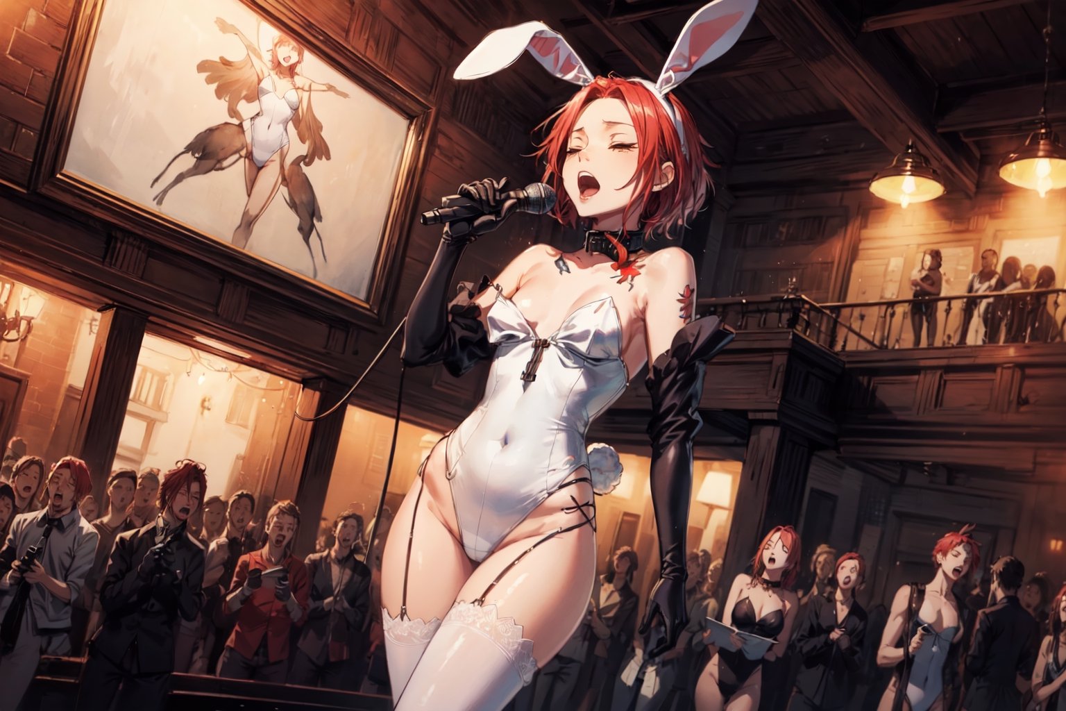 harudesu, (masterpiece, best quality:1.4),  (traditional media), (oil painting:0.9), (sketch:1.2), (extremely detailed CG unity 8k wallpaper:1.2), solo focus, gloves, open mouth, flat chest, thighs, playboy bunny, (white leotard), bare shoulders, strapless, fake animal ears, rabbit ears, rabbit tail, choker, standing, tattoo, red hair, casino, indoors, scenery, singing, holding microphone, backlighting, exceptional, extremely detailed, narrow waist, (best aesthetic), absurdres, incredibly absurdres, covered navel, skin tight, nswf, closed_eyes, sing, singing 