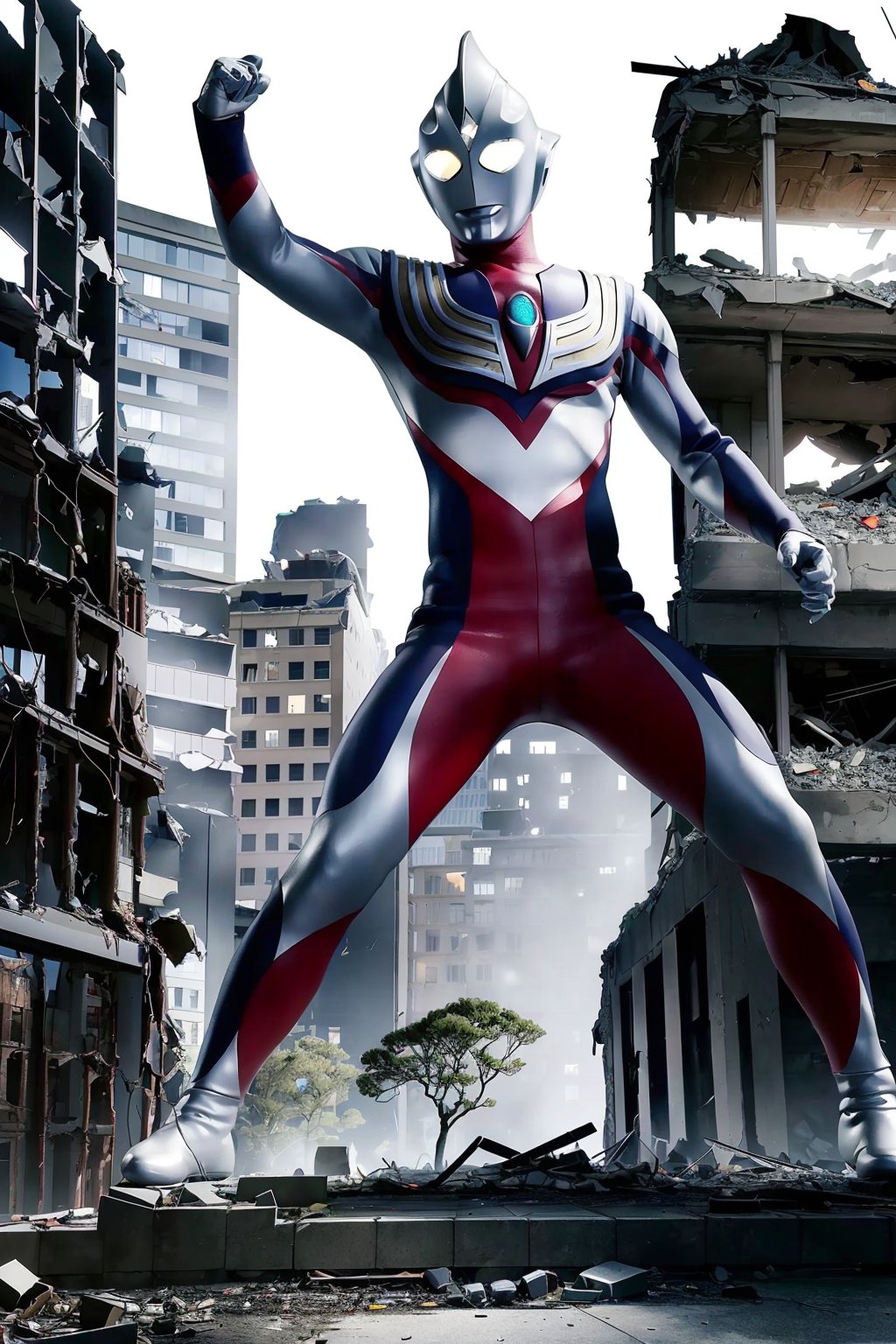 masterpiece, best quality, 1boy, alien, male focus, solo, 1boy, tokusatsu, full body, (giant), railing, glowing eyes, glowing, from below, white eyes, night, city, building, (Damaged buildings:1.3), tiltshift, (ruins:1.4), dynamic pose, dynamic angle, 