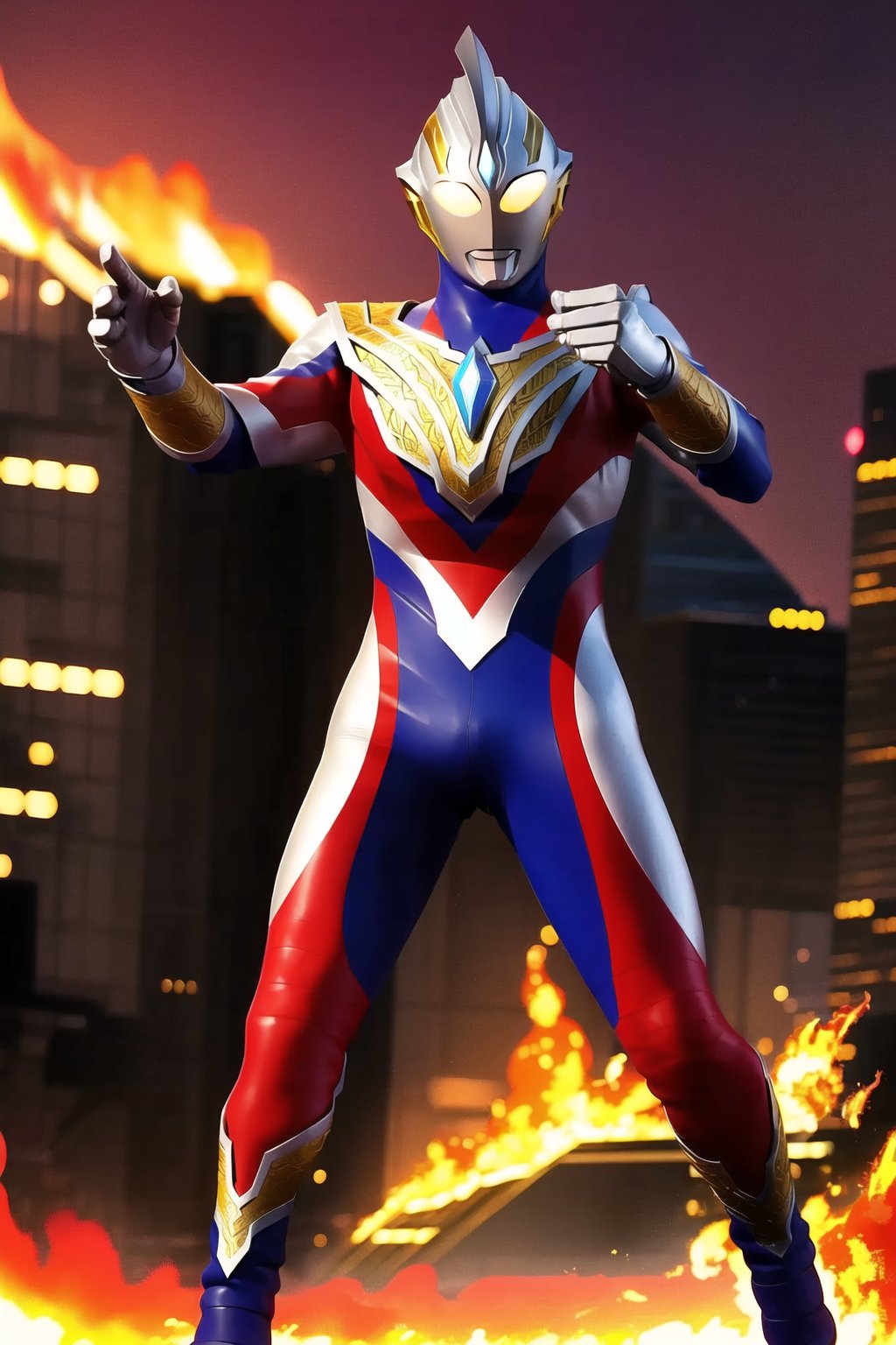 Best quality, masterpiece, 1boy, UltramanTrigger, armor, bodysuit, boots, gloves, helmet, pauldrons, shoulder_armor, shoulder_pads, white_gloves, solo, a giant in city, fighting stance, fire on city, fire background, upper body, dynamic angle, dynamic pose, (buildings), destruction, (ultra-detailed:1.1), night, fullmoon, city, flames, 8k, 4k, highres, dynamic colors, high quality, sharp focus, intricate details, highly detailed, dynamic lighting, good quality