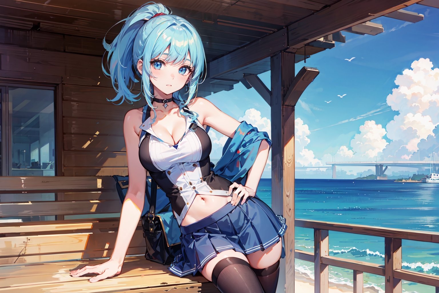 1girl, bag, black legwear, blurry, blurry solo, 1girl, sitting, long legs, striped panties, long ponytail blue hair, blue eyes, day, sky, navel, breasts, outdoors, sleeveless, cloud, pleated skirt, hand on hip, miniskirt, large breasts, cleavage, looking at viewer, bare shoulders, warship in the sea, black choker, orage hair, long hair, Heavy cruiser, solo focus, (masterpiece, best quality:1.4), (beautiful detailed eyes), (highres:1.2), (ultra-detailed:1.2), (extremely detailed CG unity 8k wallpaper:1.2), (watercolor:0.9), (sketch1.2), (best shadow), soft lighting, HDR, (HD), (4k) indoors, sitting, window, bob cut, exceptional, sunbeam, (high quality, highres:1.2), scenery, tracing