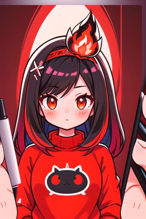 anime, (best quality,  masterpiece,  intricate details),  (illustration anime portrait),  professional lighting,  ((full body)),  ((black hair)),  ((fringe of hair Red streak quiff in front)),  (looking at viewer:1.2),  (Red eyes),  (detailed hands draw:1.4),  (girl:1.5),  Curled hair,  (curvy),  narrow waist,  (real skin,  oiled Skin),  (Red sweatshirt with a black logo in the center:1.3),  flame shaped crystal hair ornament,  (female body,  narrow waist),  (red hair accessory), ,EpicLogo