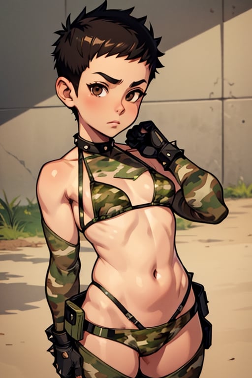 spiky bald hairstyle, short hair, skin, gloves, navel tight, micro brown camouflage bikini, female child, (( child front)), big hips breasts, front view focus, female_solo