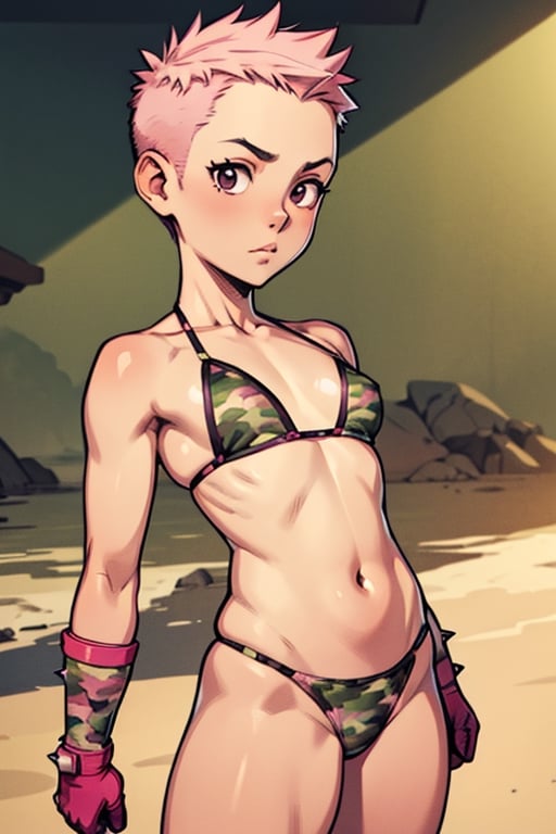 spiky bald hairstyle, short hair, skin, gloves, navel tight, micro pink camouflage bikini, female child, (( child front)), big hips breasts, front view focus, female_solo