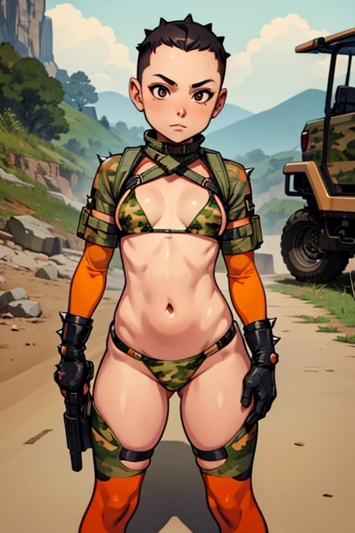 spiky bald hairstyle, short hair, skin, gloves, navel tight, micro orange camouflage bikini, female child, (( child front)), big hips breasts, front view focus, female_solo