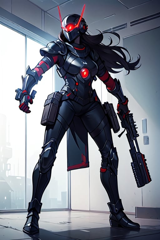 solo, red eyes, gloves, 1boy, holding, full body, weapon, girl focus, boots, indoors, holding weapon, armor, gun, glowing, helmet, holding gun, rifle, science fiction