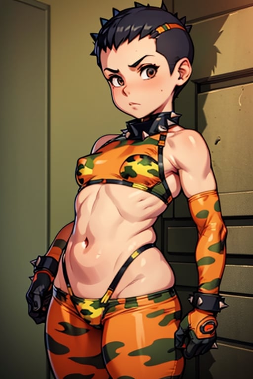 spiky bald hairstyle, short hair, skin, gloves, navel tight, micro orange camouflage bikini, female child, (( child front)), big hips breasts, front view focus, female_solo