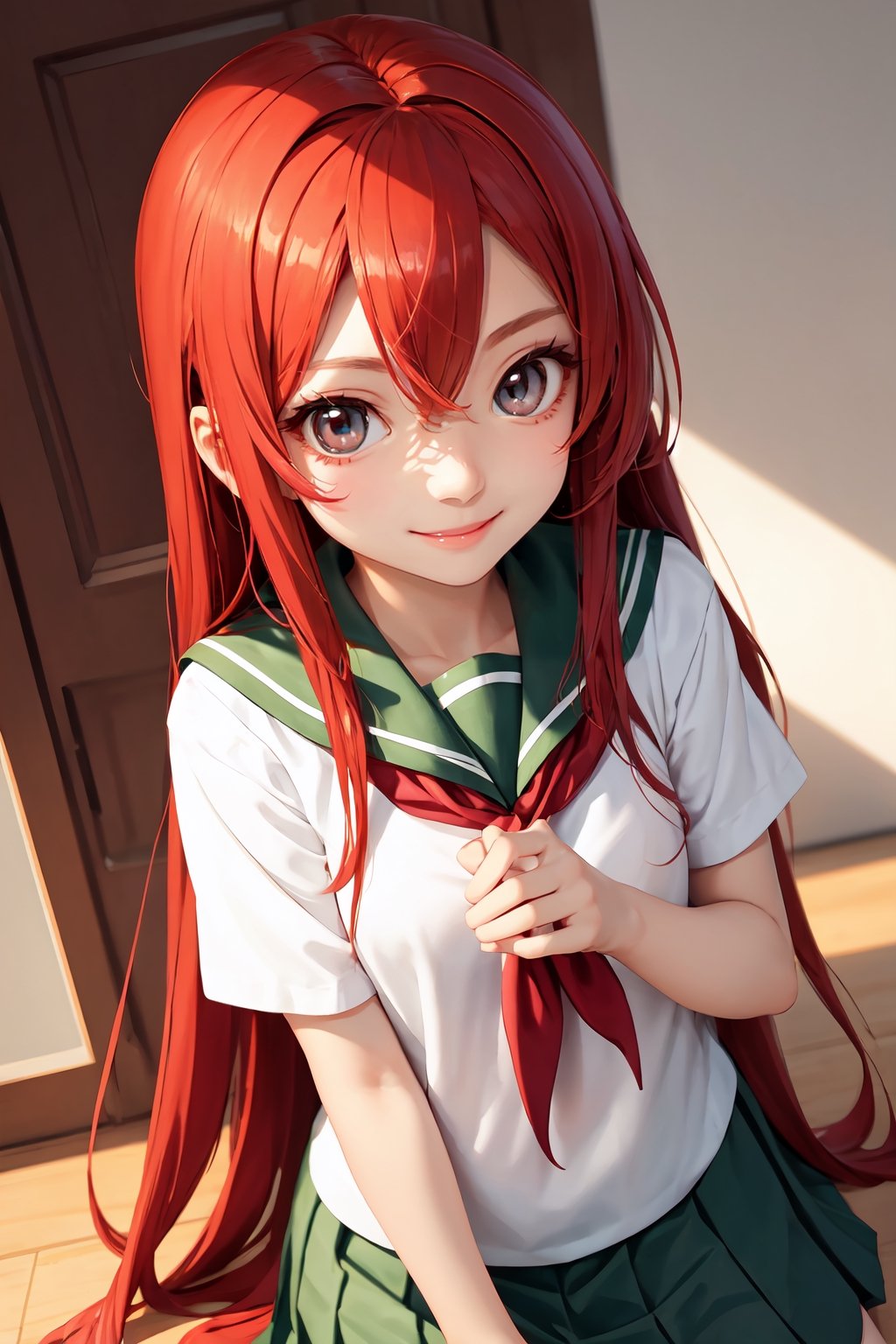 Very cute girl, red hair, red eyes, green sailor uniform, Shakugan no Shana, Shana, has melonpan