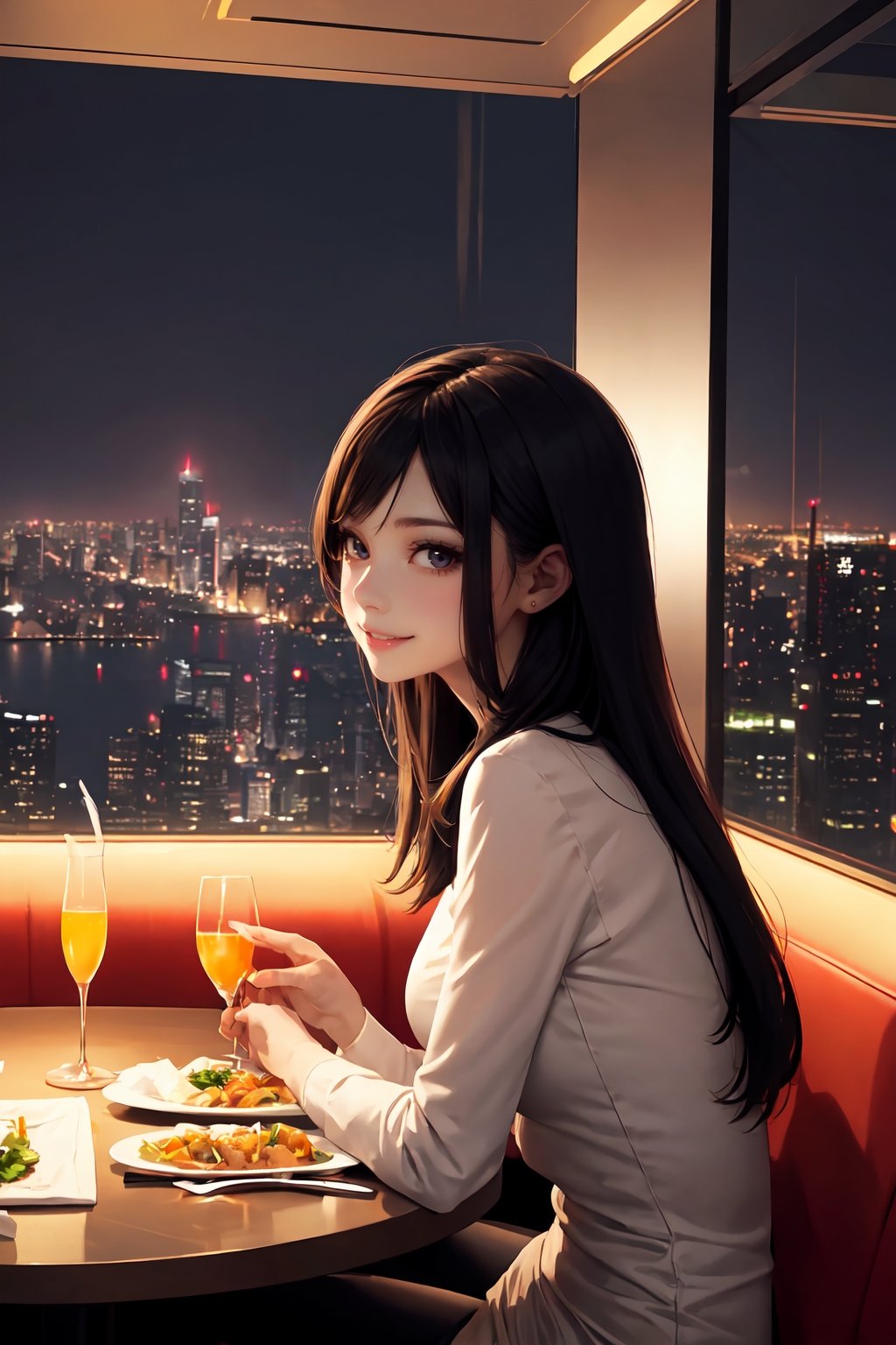 Perfectly beautiful woman having dinner with a night view in a restaurant in a skyscraper, amazing artwork,