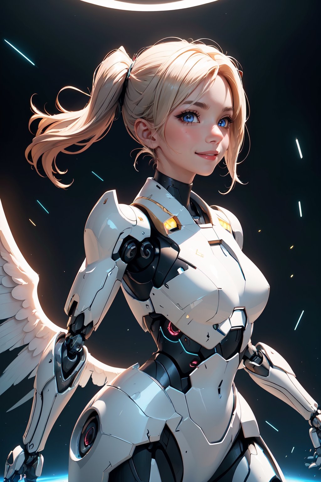 (Cowboy shot:1.2),(Wide Angle Shot), (Long Shot:1.3), (Intricate details:1.4), (Masterpiece) , ((Anime Robot, Beautiful Golem, ((White Skin)), Angel, 1girl, Magic)), (Perfect Aesthetic Eyes:1.3) , (Detailed Eyes) , (Halo:1.2) , (Elden ring:1.3), (Mechanical Wings), (Wings:1.3), Glowing, Twintails Hair, Multicolored Hair, (Perfect Hands:1.1), (Anatomically Correct Body:1.4), (Perfect Face), Majestic Guardian Knight | Ultra Detailed Robotic Armor | Cinematic Lighting | Intricate filigree metal design | 16k | Unreal Engine 5 | Octane Render | 3d, (anatomically correct :1.4), (In the Holographics Hyperspace Metaverse 50mm, Ultra Detailed, Fantasy Background, Blush, Solo), (Fighting Stance:1.3), (Magic circle:1.3), Lightning Effect, (Ray Tracing), Show Your Ability A.I., (Glowing Eyes) , (Particles Glowing) , 16k Wallpaper, Robot Female,