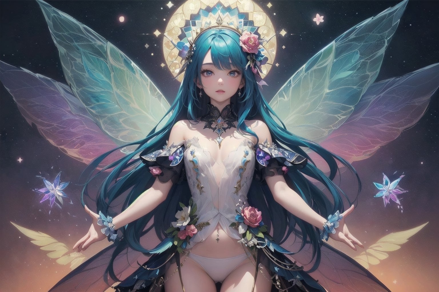 (masterpiece, highest quality, extreme detailed, best quality, official art, beautiful and aesthetic:1.2), (1girl), fairy, wings, (kaleidoscope art:1.2), cowboy shot