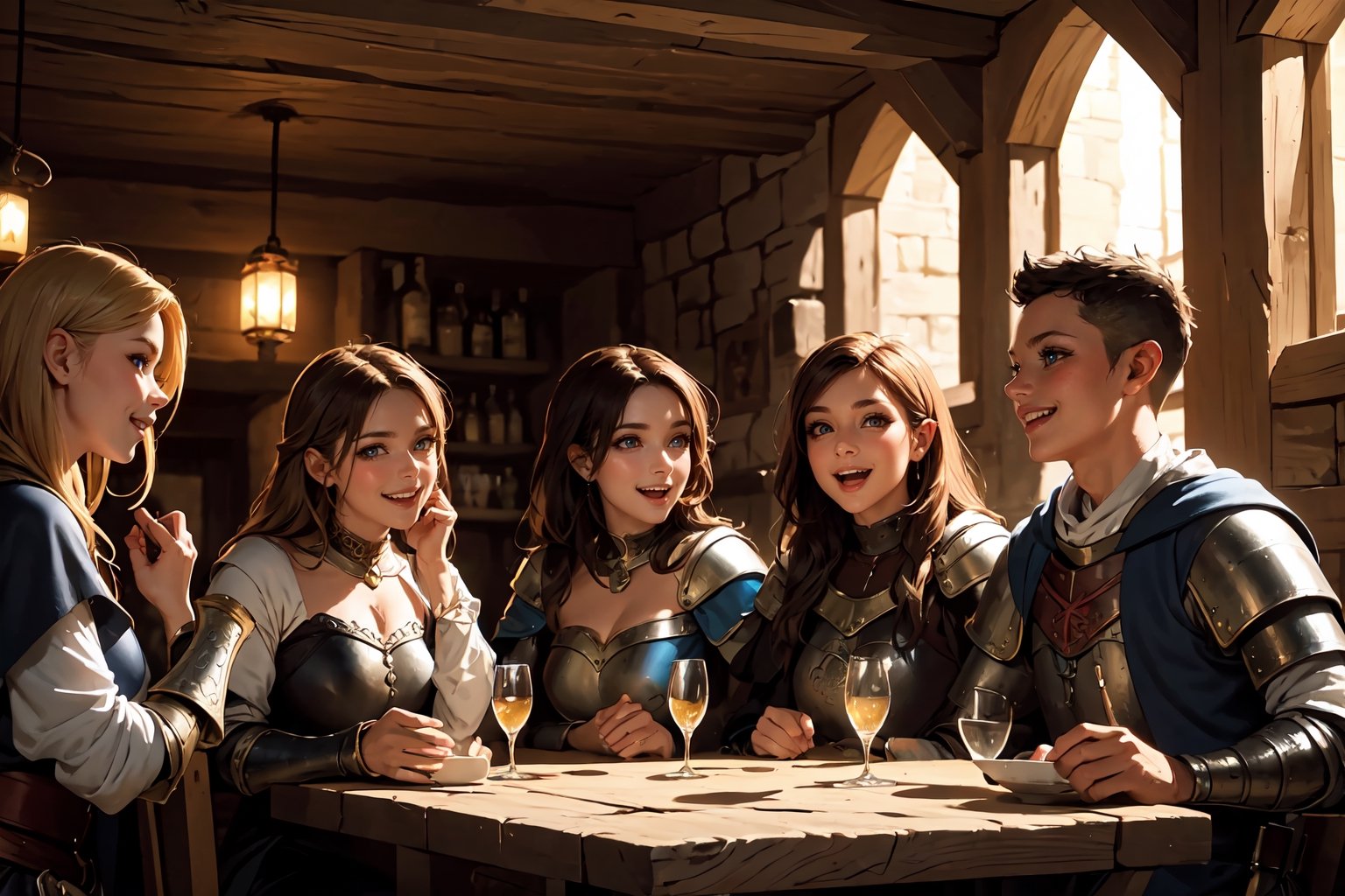 masterpiece, best quality, a group of adventurers, celebrating in a medieval tavern, fantasy, medieval, beautiful detailed brilliance.