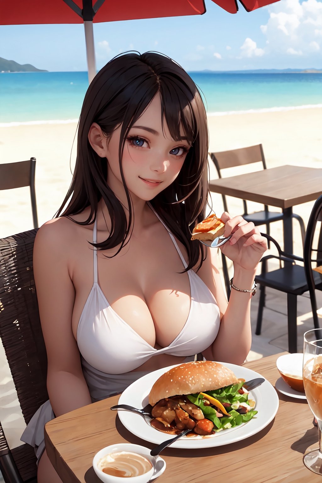 A perfectly beautiful woman, having lunch on a cafe terrace on the beach overlooking the sea.