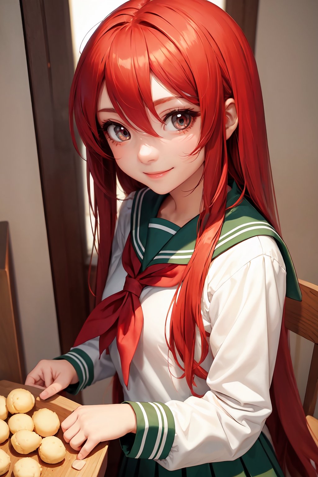 Very cute girl, red hair, red eyes, green sailor uniform, Shakugan no Shana, Shana, has melonpan