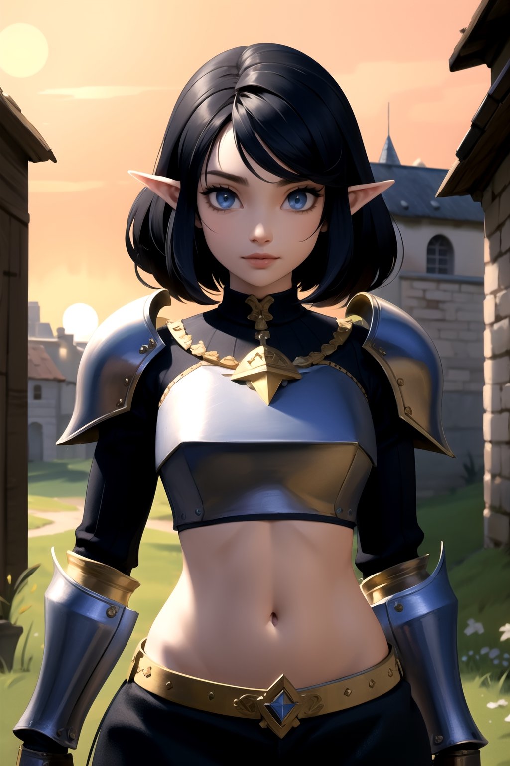 (detailed face:1.2), (looking at viewer:1.2), centered, (upper body), photography of a 22yo woman, masterpiece, | (beautiful detailed eyes:1.2), black hair color, dark armored top, metal pauldrons, navel, midriff, wide hips, lowleg armored pants, | sunset, bokeh, depth of field, | fantasy world, medieval, fantasy town, n64style, ocarinaoftime,