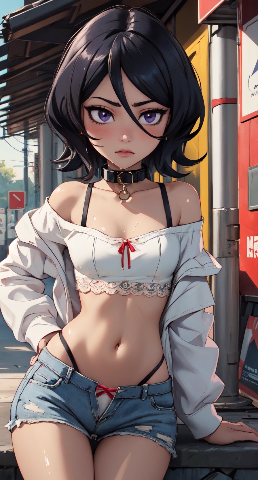 masterpiece, perfect eyes, perfect face, dramatic lighting, (1girl, pettite girl, tomboy, solo, teenage female, young female), rukia, black hair, purple eyes, shy, seductive expression, seductive face, half closed eyes, crop top. thigh gap, small lace panties, wet, cameltoe, (short, slim), petite, collar, sexy pose, seductive pose, open clothes, off shoulder, groin, navel, small breasts, sit down at corner wall, outside,