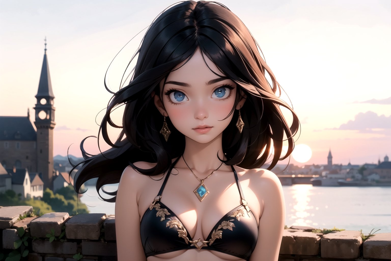 (detailed face:1.2), (looking at viewer:1.2), centered, (upper body), photography of a 22yo woman, masterpiece, | (beautiful detailed eyes:1.2), black hair color, bikini, navel, midriff, wide hips, | sunset, bokeh, depth of field, | fantasy world, medieval, fantasy town, 