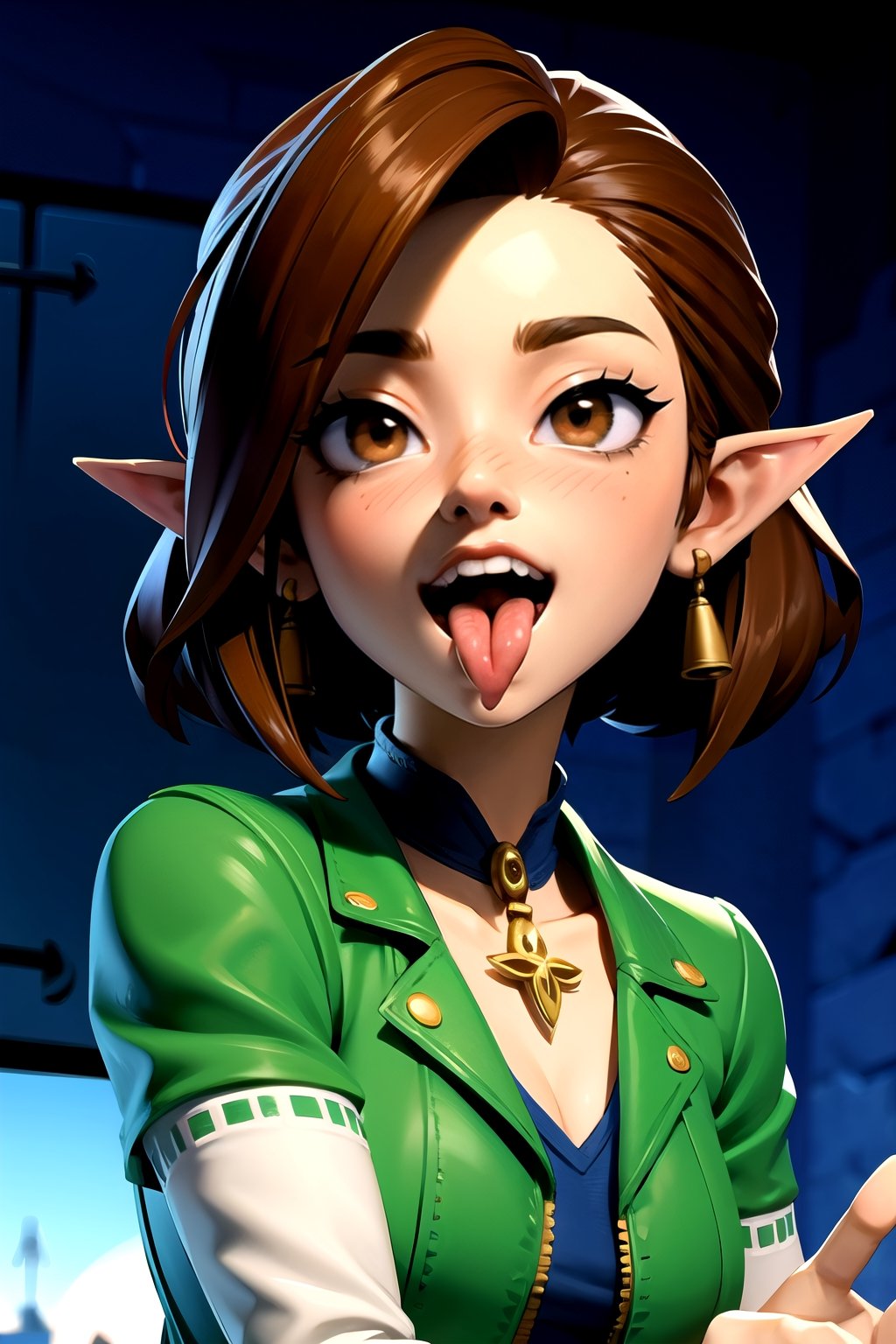 centered, 3d, 3d model, n64style, ocarinaoftime, majorasmask, award winning face portrait, focused face, masterpiece, | black hair color, brown eyes, blush, happy, sticking her tongue out, open mouth, tongue out, teeth, open mouth, tongue out, tongue, teeth, tight blue jean, open leather jacket, | city, sea, bokeh, blurred background, depth of field, 
