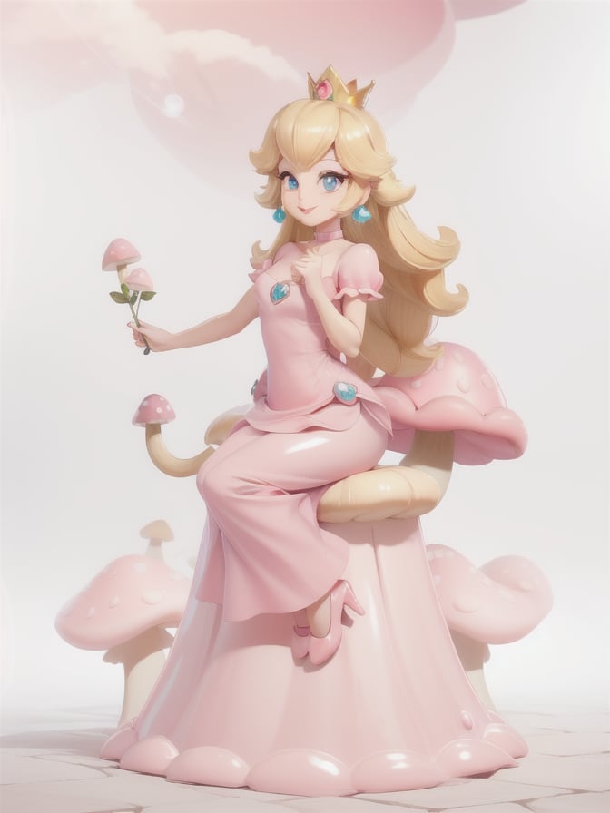 baby face, highres, masterpiece, perfect ligthing, bloom, cinematic lighting, perfect skin, female, ((long shot)), graceful, Wide-Legged Seated, Forward Bend, smile, narrow waist, skinny, soap bubbles with mushrooms inside, , (PrincessPeach), (Princess Peach), (Pink dress:1.6), choker, detailled eyes, blue eyes, choker, princess crown, mushroom garden, pink lips, ((glossy lips)), pumps, glossy skin, oily skin, beautiful light, (day:1.3), bright,