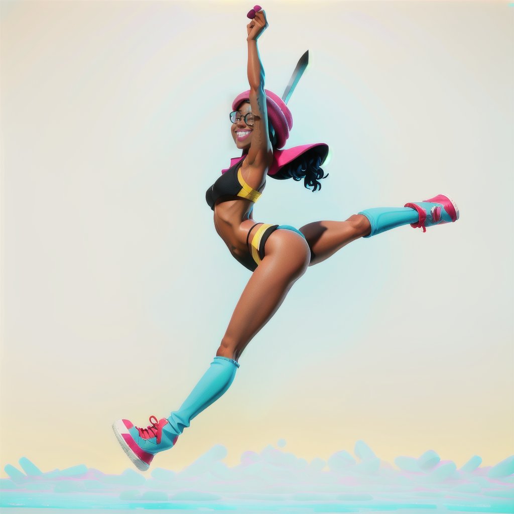 Hot black woman, sexy smile, multicolored short hair, wearing glasses with large and circular lens, wearing earrings, wearing (((cyan blue cap))), (((magenta sneakers))), wearing a tight (((red mini bikini))) with orange zipper, ((naked breasts)), perfect breasts), perfect , using (((yellow boots with black details))), better quality, high definition, 3D rendering, 8k, rendering,weapon,sword,no_humans,scenery,cum,facial,smiling at camera,cartoon ,real,no humans