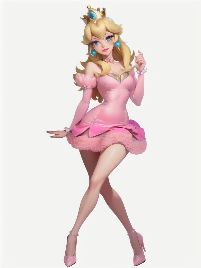 baby face, highres, masterpiece, perfect ligthing, bloom, cinematic lighting, perfect skin, female, ((long shot)), graceful, Wide-Legged Seated, Forward Bend, smile, narrow waist, skinny, soap bubbles with mushrooms inside, , (PrincessPeach), (Princess Peach), (Pink dress:1.6), choker, detailled eyes, blue eyes, choker, princess crown, mushroom garden, pink lips, ((glossy lips)), pumps, glossy skin, oily skin, beautiful light, (day:1.3), bright,