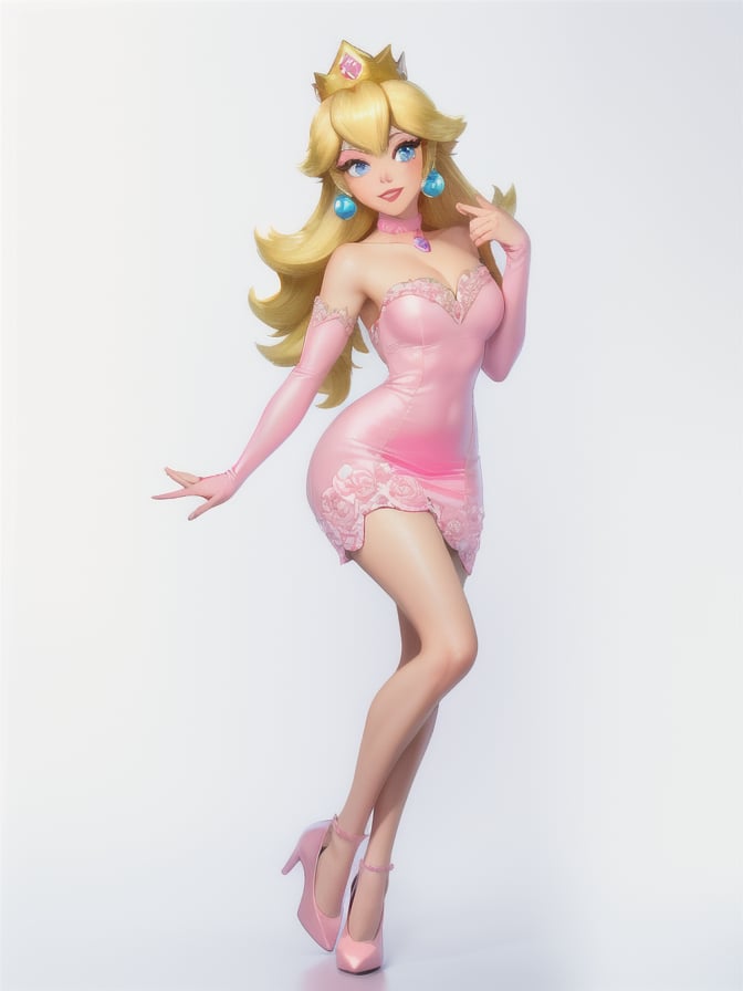 baby face, highres, masterpiece, perfect ligthing, bloom, cinematic lighting, perfect skin, female, ((long shot)), graceful, Wide-Legged Seated, Forward Bend, smile, narrow waist, skinny, soap bubbles with mushrooms inside, , (PrincessPeach), (Princess Peach), (Pink dress:1.6), choker, detailled eyes, blue eyes, choker, princess crown, mushroom garden, pink lips, ((glossy lips)), pumps, glossy skin, oily skin, beautiful light, (day:1.3), bright,