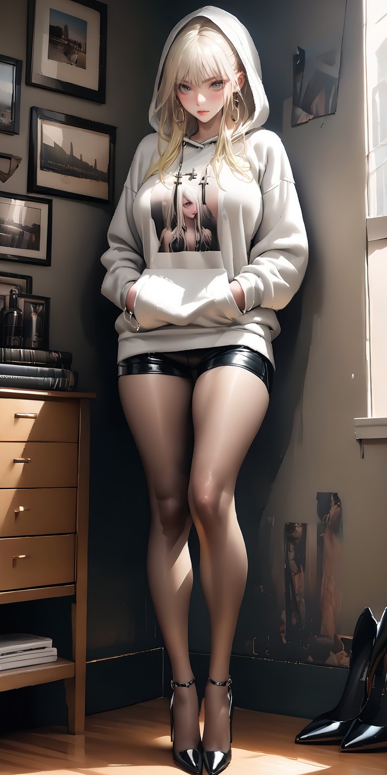 ((High Resolution)), ((High Detail)), ((black pantyhose:1)), Photo Realistic, (Masterpiece, Best Quality), taylor momsen, long blonde hair, green eyes, ((white hooded sweatshirt)), torn sweatshirt, cuts in sweatshirt, slits in sweatshirt, ((black leather shorts)), beguiling, High quality, large breasts, long legs, thick legs, silver hoop earrings, cross necklace, high heels, full_body
