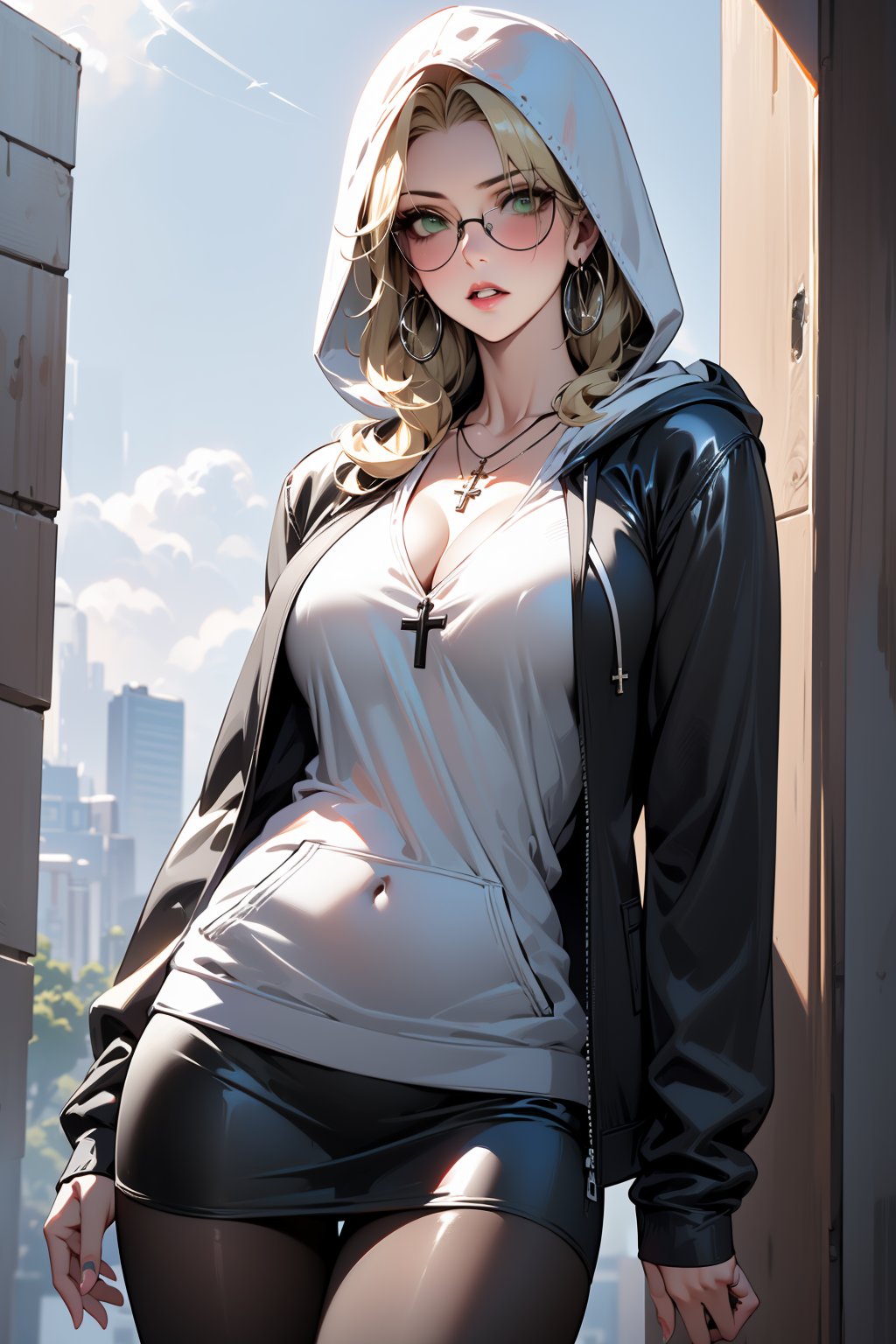 ((High Resolution)), ((High Detail)), ((black pantyhose:1)), Photo Realistic, (Masterpiece, Best Quality),  taylor momsen, long blonde hair, green eyes, ((white hooded sweatshirt)), ((black leather skirt)), beguiling, High quality, large breasts, long legs, silver hoop earrings, cross necklace, sunglasses