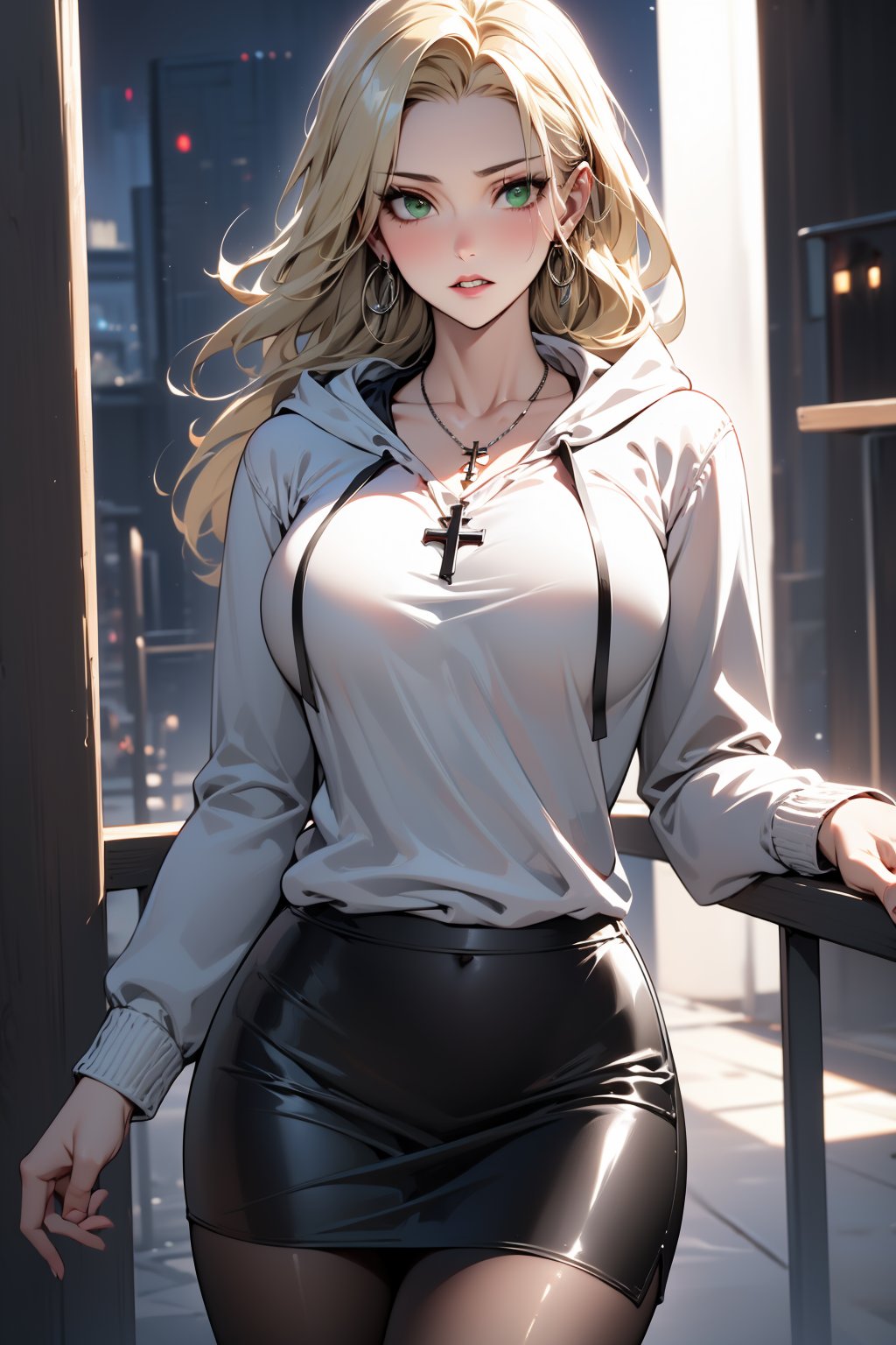 ((High Resolution)), ((High Detail)), ((black pantyhose:1)), Photo Realistic, (Masterpiece, Best Quality),  taylor momsen, long blonde hair, green eyes, ((white hoodie)), ((black leather skirt)), beguiling, High quality, large breasts, long legs, silver hoop earrings, cross necklace, evening, dark, nighttime, night