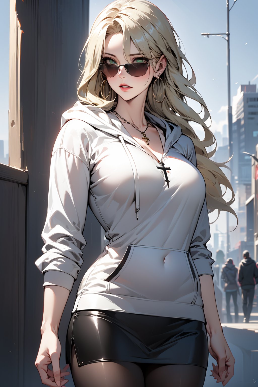 ((High Resolution)), ((High Detail)), ((black pantyhose:1)), Photo Realistic, (Masterpiece, Best Quality),  taylor momsen, long blonde hair, green eyes, ((white hoodie)), ((black leather skirt)), beguiling, High quality, large breasts, long legs, silver hoop earrings, cross necklace, sunglasses