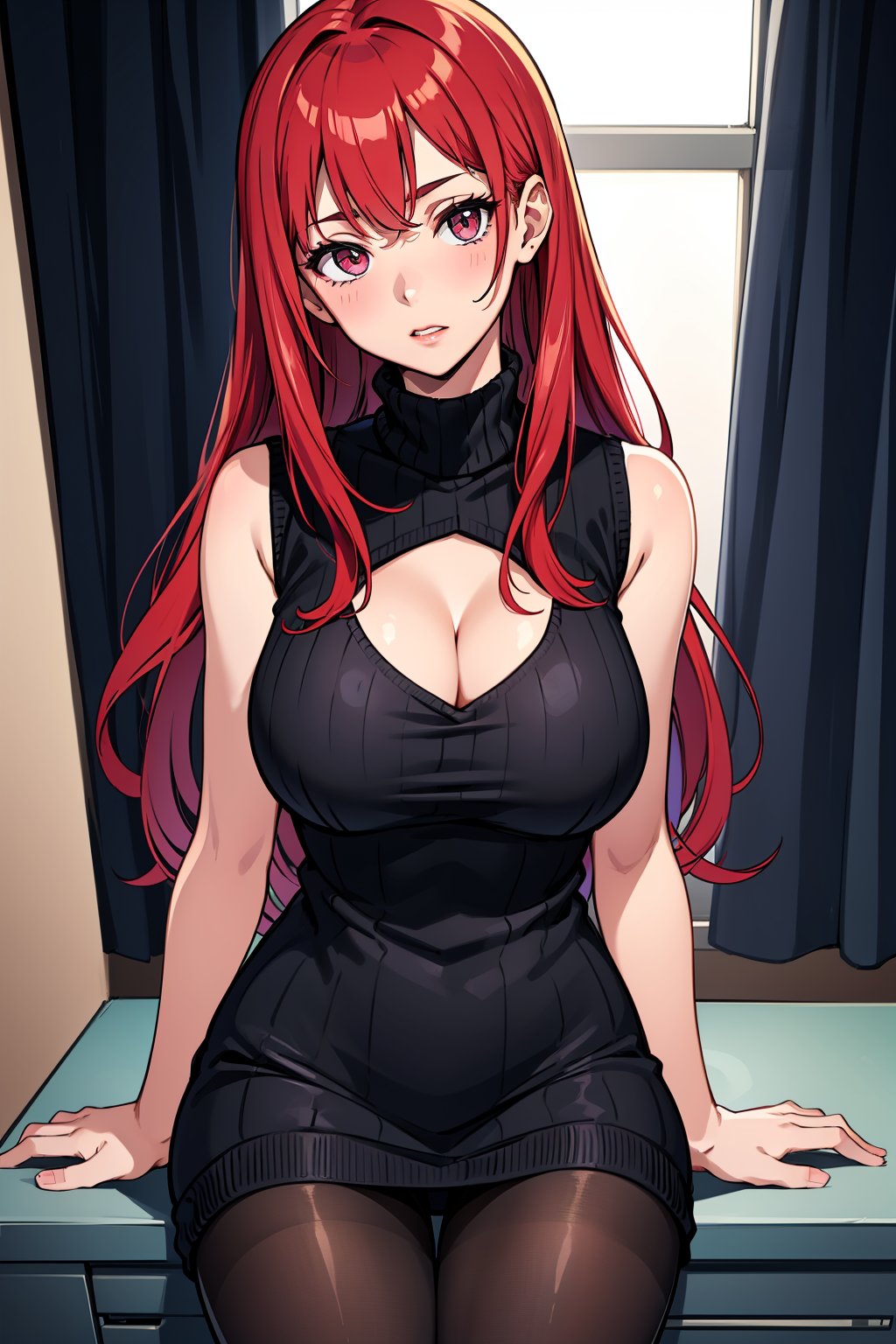 (masterpiece, best quality:1.2), solo, 1girl, parted lips, looking at viewer, long hair, red hair, violet eyes, striped black sweater, sweater dress, sleeveless, cleavage, (black pantyhose:1), large breasts,