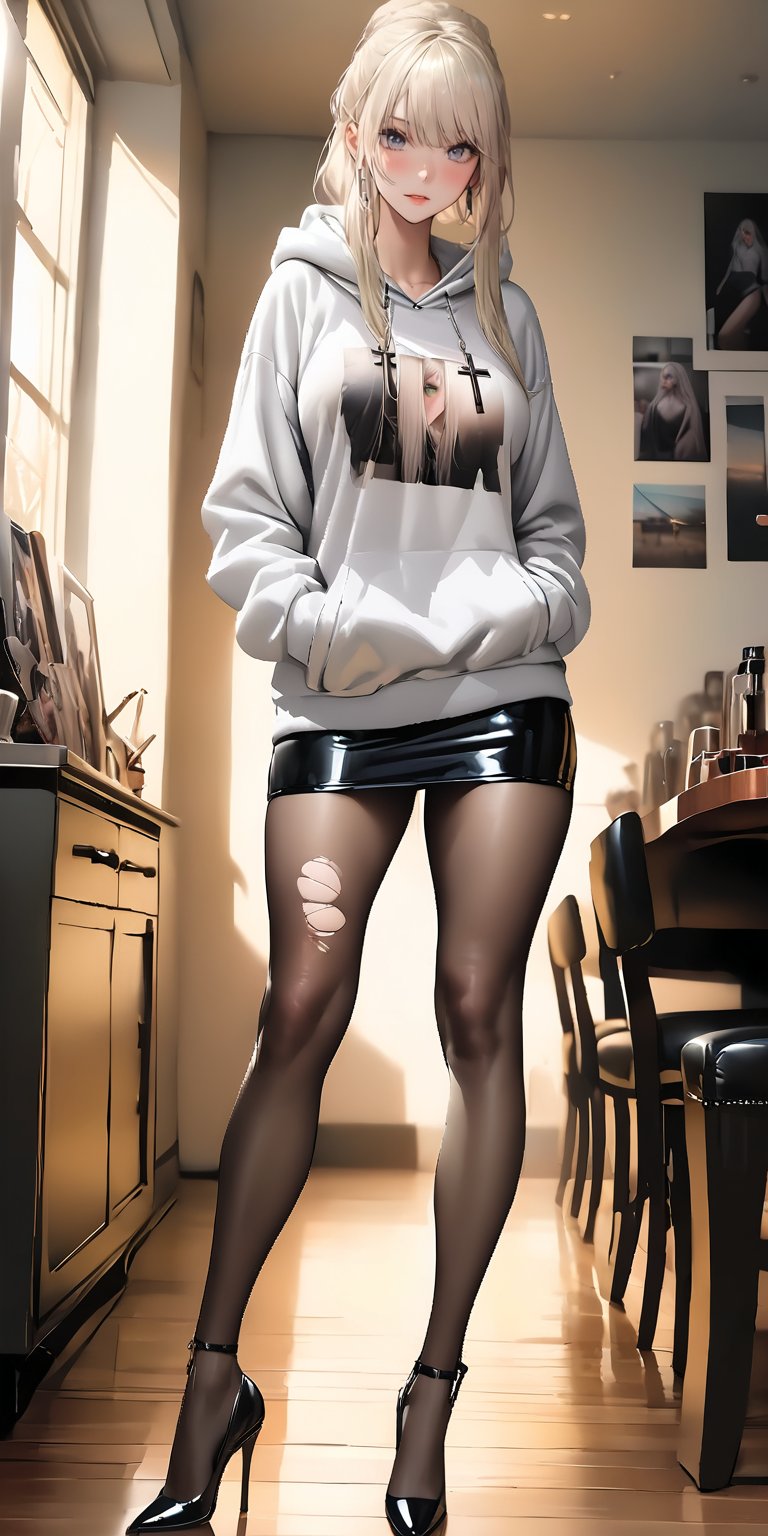 ((High Resolution)), ((High Detail)), ((black pantyhose:1)), Photo Realistic, (Masterpiece, Best Quality), taylor momsen, long blonde hair, green eyes, ((white hooded sweatshirt)), torn sweatshirt, cuts in sweatshirt, slits in sweatshirt, ((black leather skirt)), beguiling, High quality, large breasts, long legs, thick legs, silver hoop earrings, cross necklace, high heels, full_body
