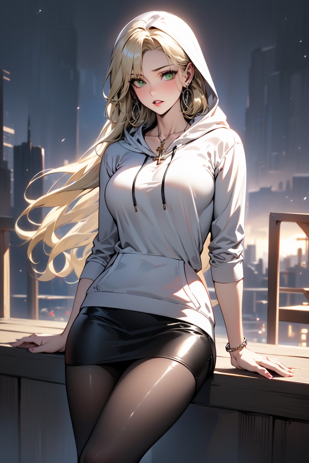 ((High Resolution)), ((High Detail)), ((black pantyhose:1)), Photo Realistic, (Masterpiece, Best Quality),  taylor momsen, long blonde hair, green eyes, ((white hoodie)), ((black leather skirt)), beguiling, High quality, large breasts, long legs, silver hoop earrings, cross necklace, evening, dark, nighttime, night