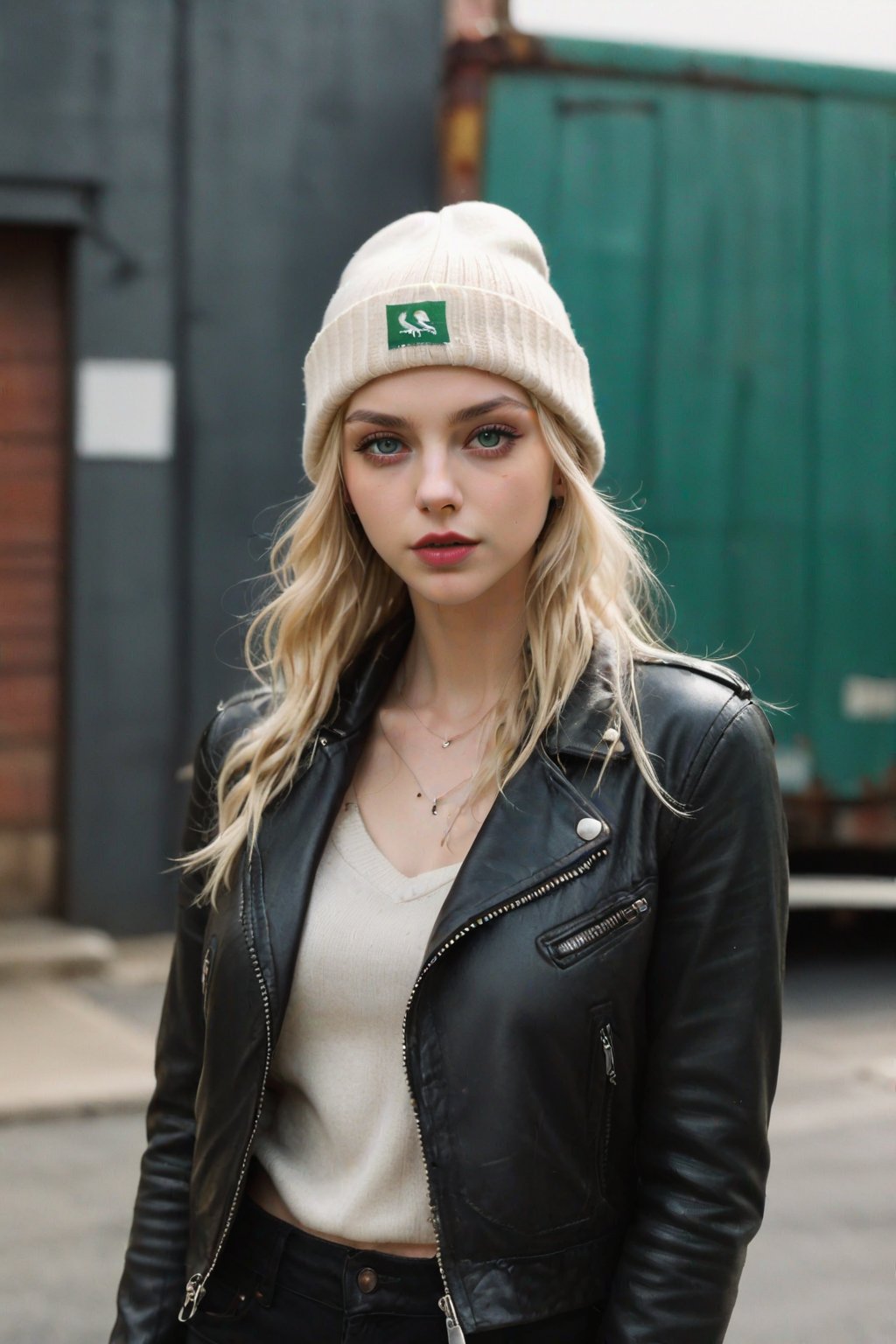 (Raw Photo:1), (Ultrarealistic:1), (Taylor momsen:1), 1girl, long blonde hair, green eyes, leather jacket, knitted beanie hat, navel, midriff, leather pants, cleavage, medium breasts, silver cross necklace, (bodybuilder:0.6), Highly Detailed . shallow depth of field, vignette, highly detailed, high budget, bokeh, cinemascope, moody, epic, gorgeous, film grain, grainy, auto shop, mechanic shop, garage