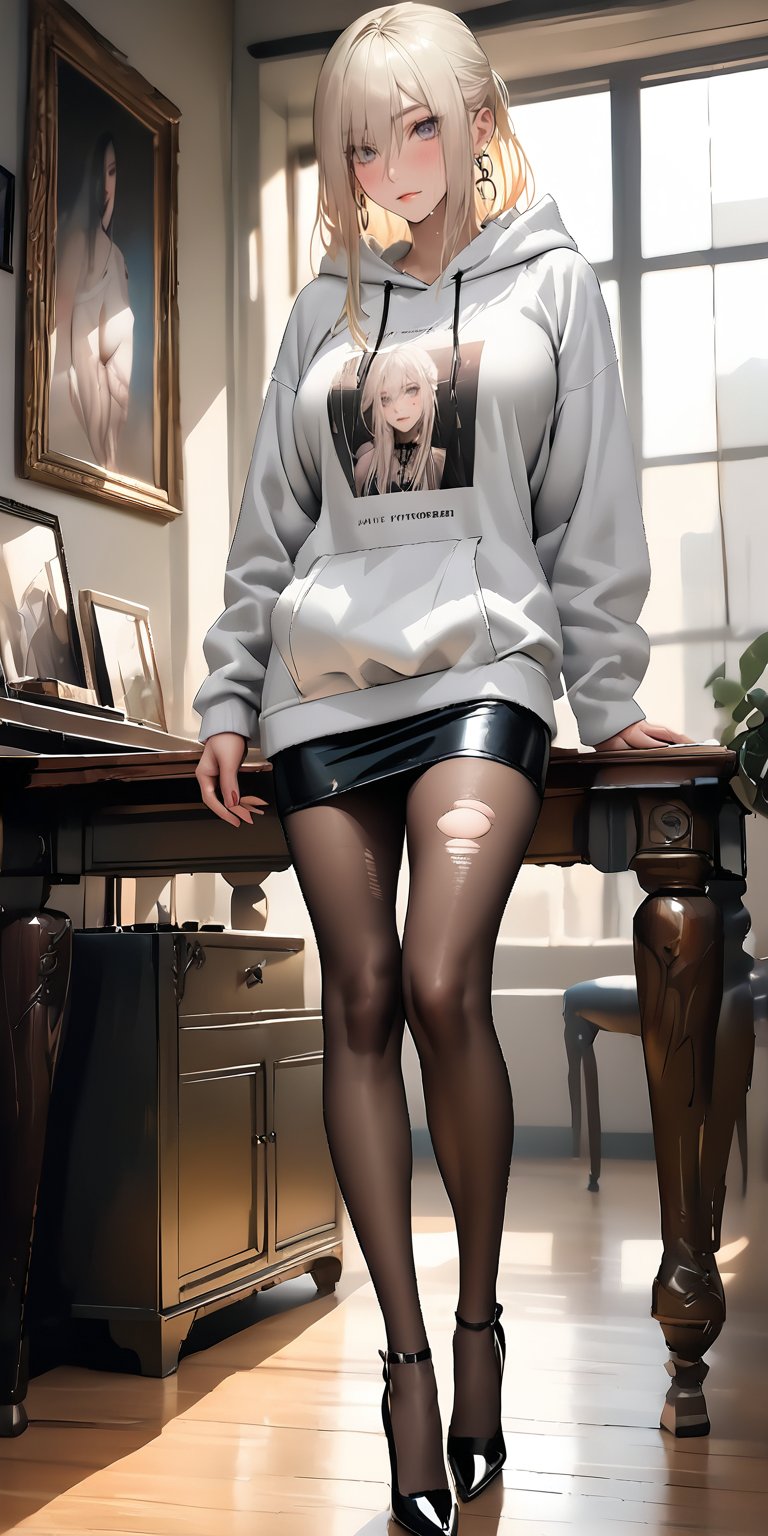 ((High Resolution)), ((High Detail)), ((black pantyhose:1)), Photo Realistic, (Masterpiece, Best Quality), taylor momsen, long blonde hair, green eyes, ((white hooded sweatshirt)), torn shirt, shredded shirt, ((black leather skirt)), beguiling, High quality, large breasts, long legs, thick legs, silver hoop earrings, cross necklace, high heels, full_body
