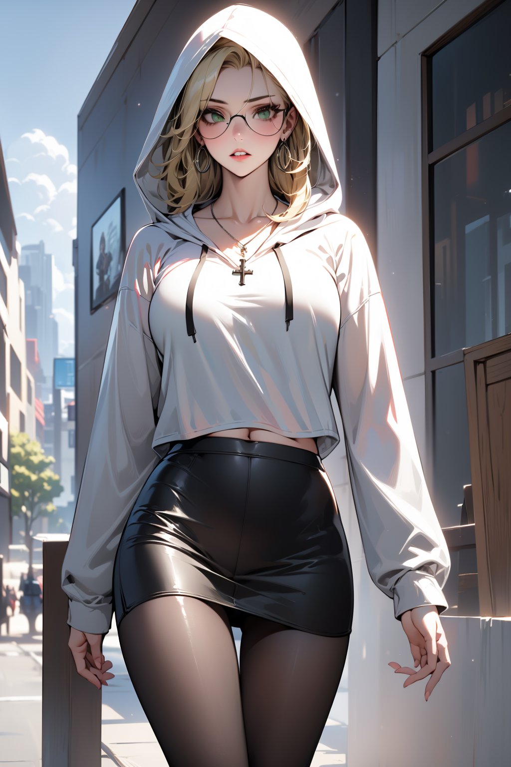 ((High Resolution)), ((High Detail)), ((black pantyhose:1)), Photo Realistic, (Masterpiece, Best Quality),  taylor momsen, long blonde hair, green eyes, ((white hooded sweatshirt)), ((black leather skirt)), beguiling, High quality, large breasts, long legs, silver hoop earrings, cross necklace, sunglasses