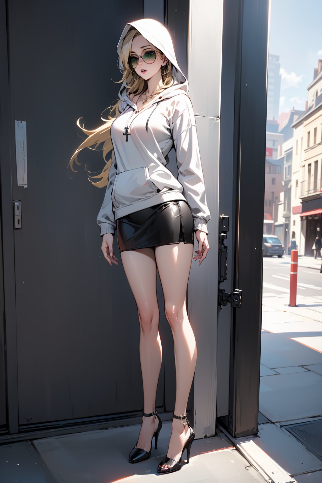 ((High Resolution)), ((High Detail)), ((black pantyhose:1)), Photo Realistic, (Masterpiece, Best Quality),  taylor momsen, long blonde hair, green eyes, ((white hooded sweatshirt)), ((black leather skirt)), beguiling, High quality, large breasts, long legs, silver hoop earrings, cross necklace, sunglasses, high heels, full_body 