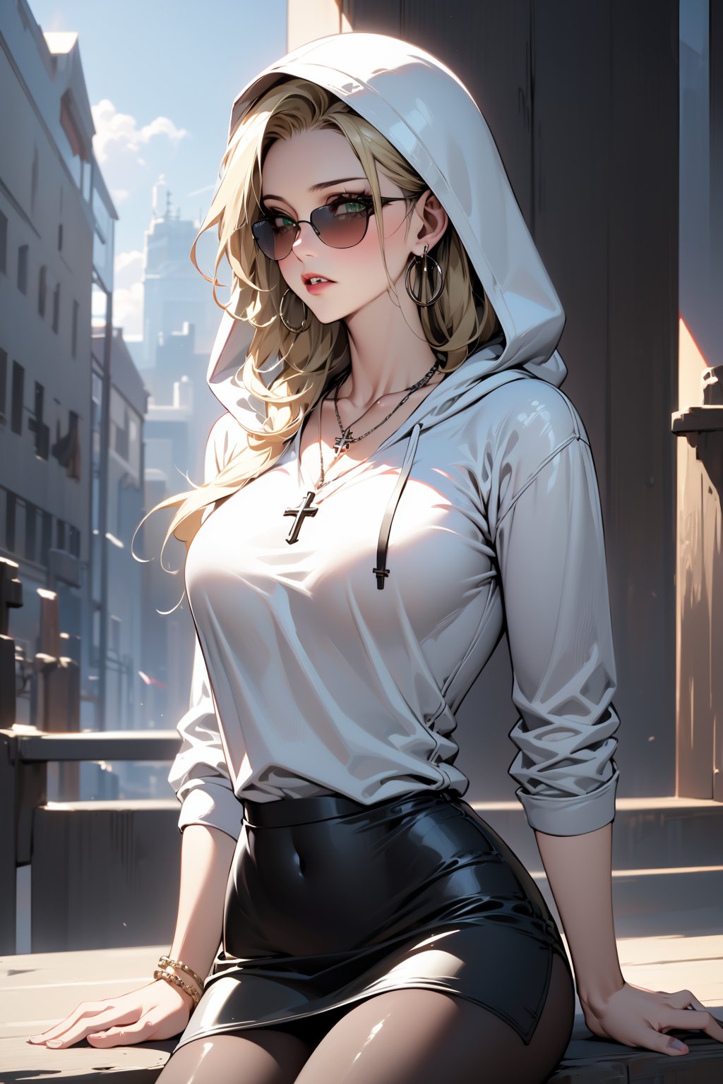 ((High Resolution)), ((High Detail)), ((black pantyhose:1)), Photo Realistic, (Masterpiece, Best Quality),  taylor momsen, long blonde hair, green eyes, ((white hooded sweatshirt)), ((black leather skirt)), beguiling, High quality, large breasts, long legs, silver hoop earrings, cross necklace, sunglasses