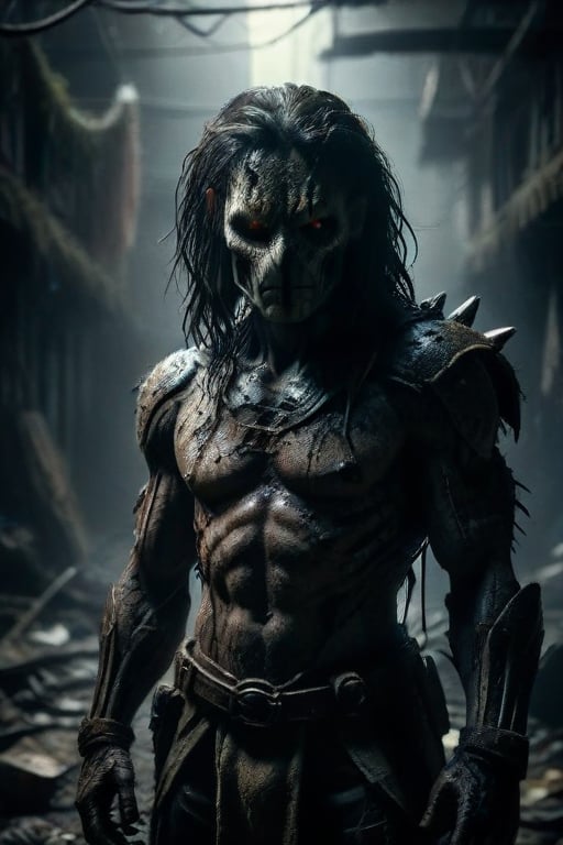 mysterious 
predator looking at camera, with facial features obscured, using large textured knives and tattered clothing. The figure should have loose dark hair and be surrounded by subtle dark tones that highlight its silhouette without overwhelming details. Include elements such as wires or cables to add complexity to the composition