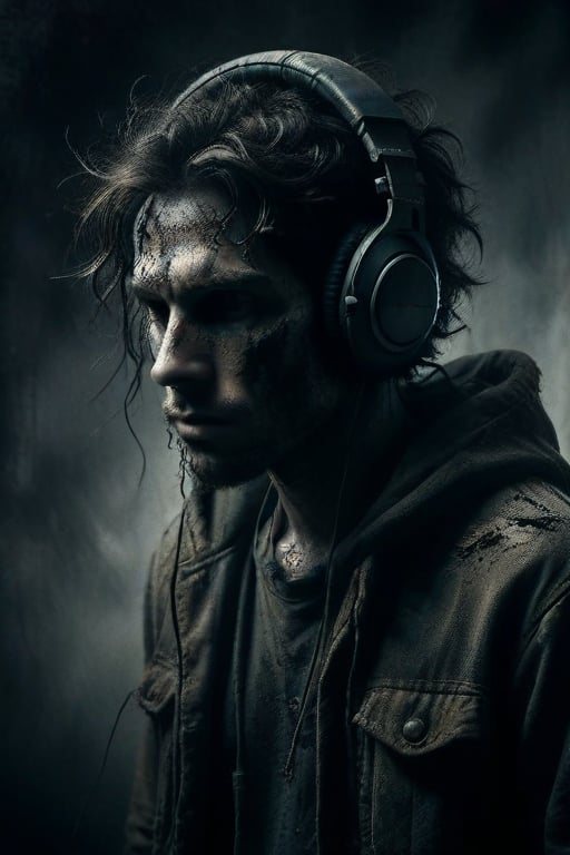 Create an image of a mysterious figure with obscured facial features wearing large textured headphones and tattered clothing. The figure should have dark loose hair and be surrounded by subtle dark tones that highlight their silhouette without overwhelming detail. Include elements such as wires or cables to add intricacy to the composition.
