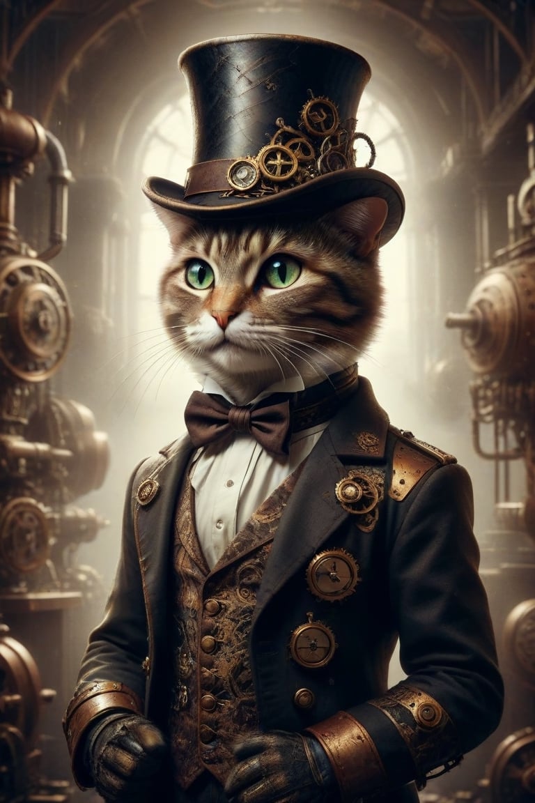 Create an image of a steampunk-inspired anthropomorphic cat character wearing a top hat adorned with gears and mechanical details. The character should have intricate mechanical body parts that suggest a fusion between organic life and machinery, set against an intentionally blurred background that hints at more steampunk elements without drawing attention away from the character itself.
